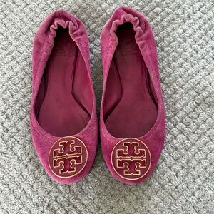 Tory Burch Fuchsia Suede Flats with Gold Logo
